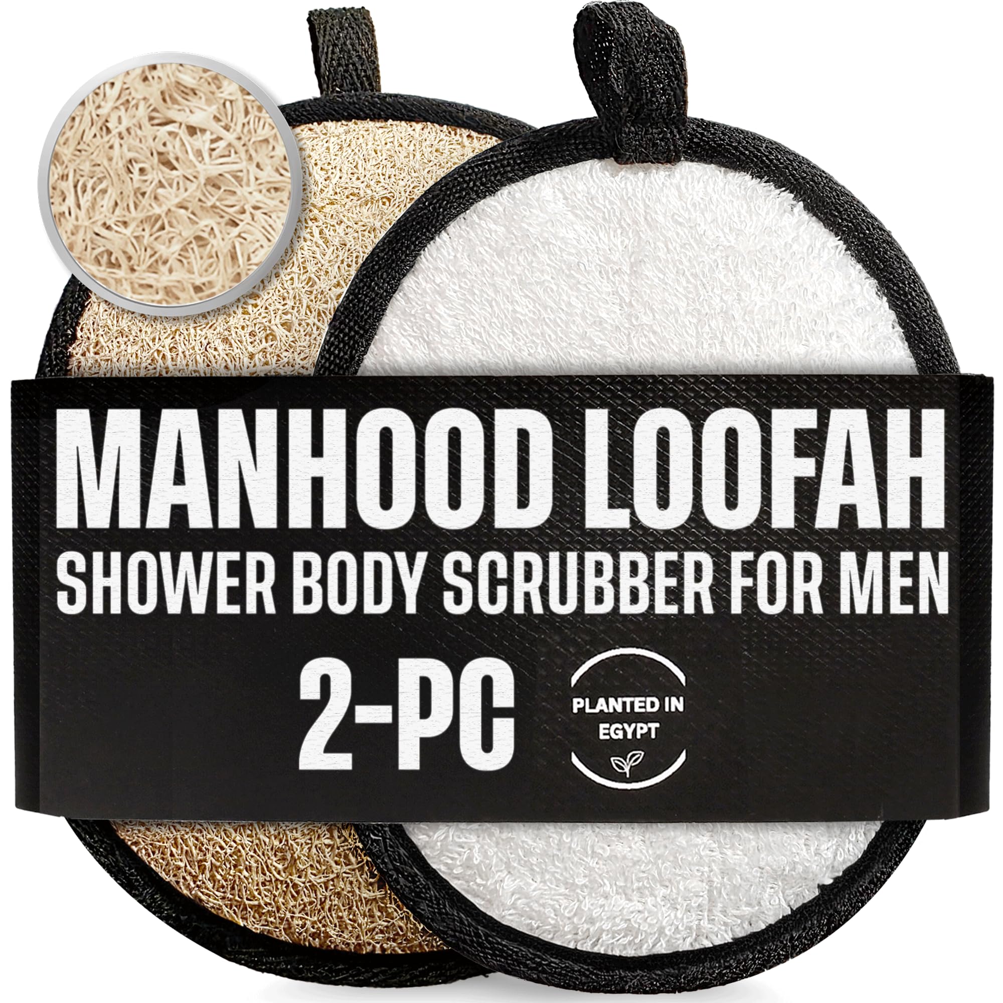 Natural Loofah Shower Body Scrubber for Men, Egyptian Luffa Sponge Exfoliating Loofah, Body Sponges for Shower, Mens Hygiene Essentials, Bath Loofahs Body Scrubber Shower Tool - 2PCS Black & White Set