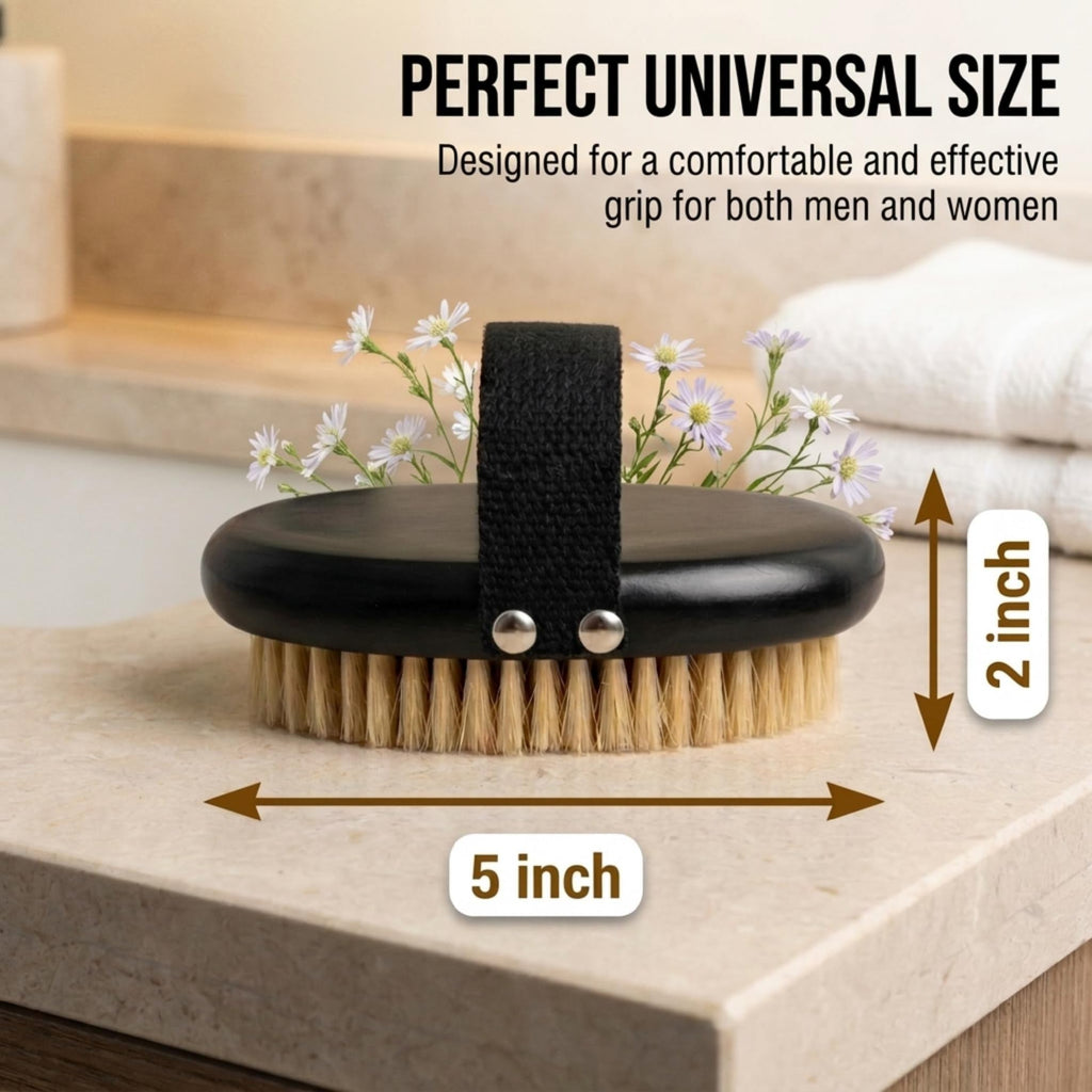 Serrento Dry Brush for Skin – Exfoliating Body Tool for Dry Brushing & Lymphatic Drainage, Natural, Firm Brush for Skin, with Anti-Slip Cotton Strap & Black Wooden Base, 2 in x 5 in