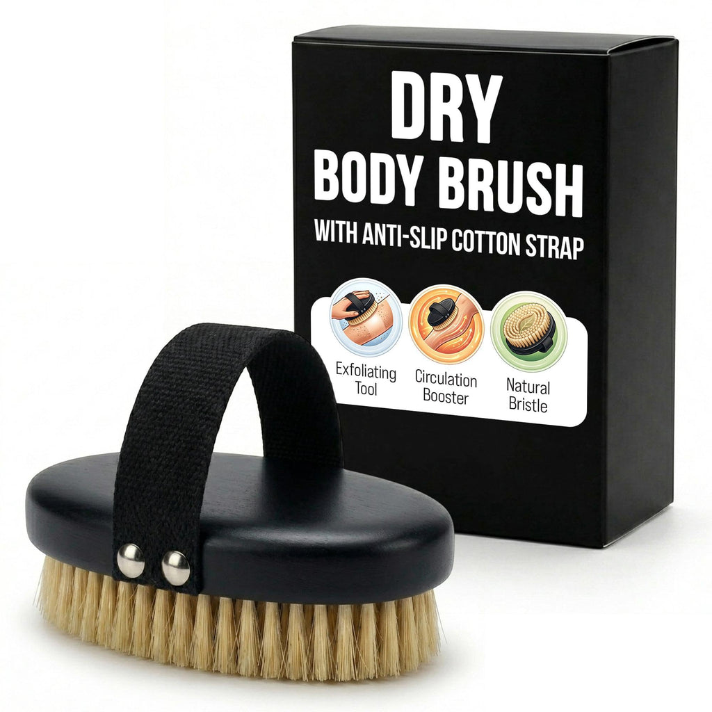 Serrento Dry Brush for Skin – Exfoliating Body Tool for Dry Brushing & Lymphatic Drainage, Natural, Firm Brush for Skin, with Anti-Slip Cotton Strap & Black Wooden Base, 2 in x 5 in