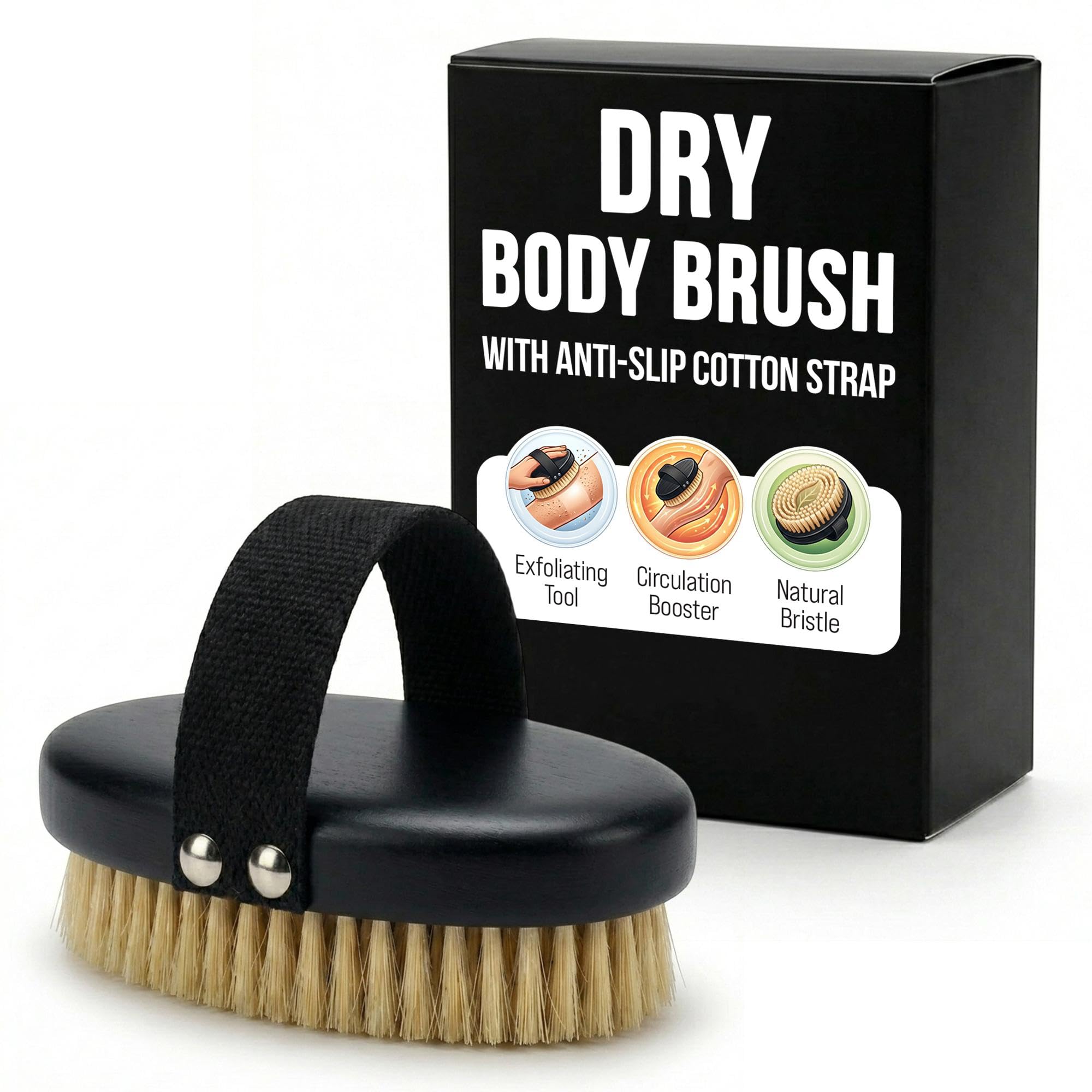 Serrento Dry Brush for Skin – Exfoliating Body Tool for Dry Brushing & Lymphatic Drainage, Natural, Firm Brush for Skin, with Anti-Slip Cotton Strap & Black Wooden Base, 2 in x 5 in