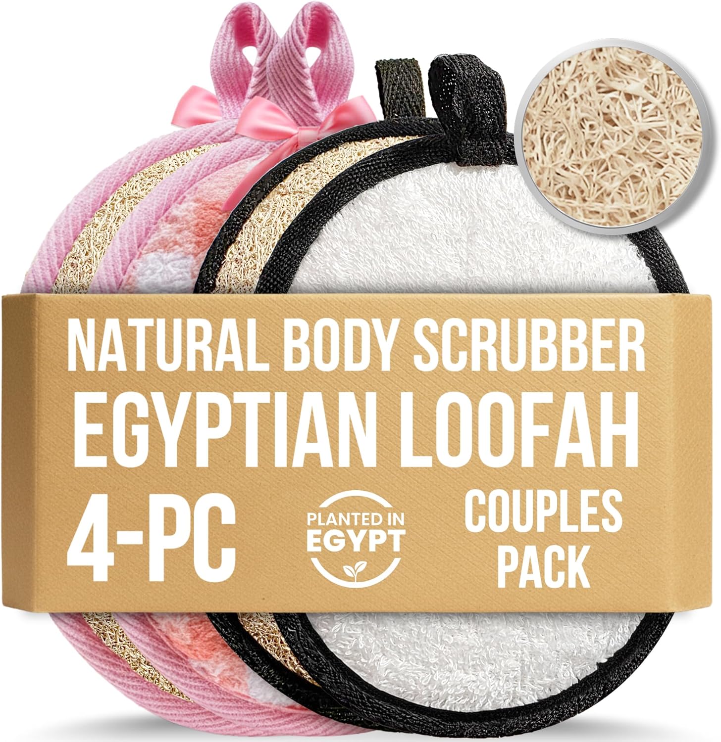 SERRENTO 4-Pack Natural Egyptian Loofah Exfoliating Body Scrubber Sponges for Men and Women, Bath Shower Loofahs for Face Back & Body, Individual Loofahs for Couples – 2 for Men, 2 for Women