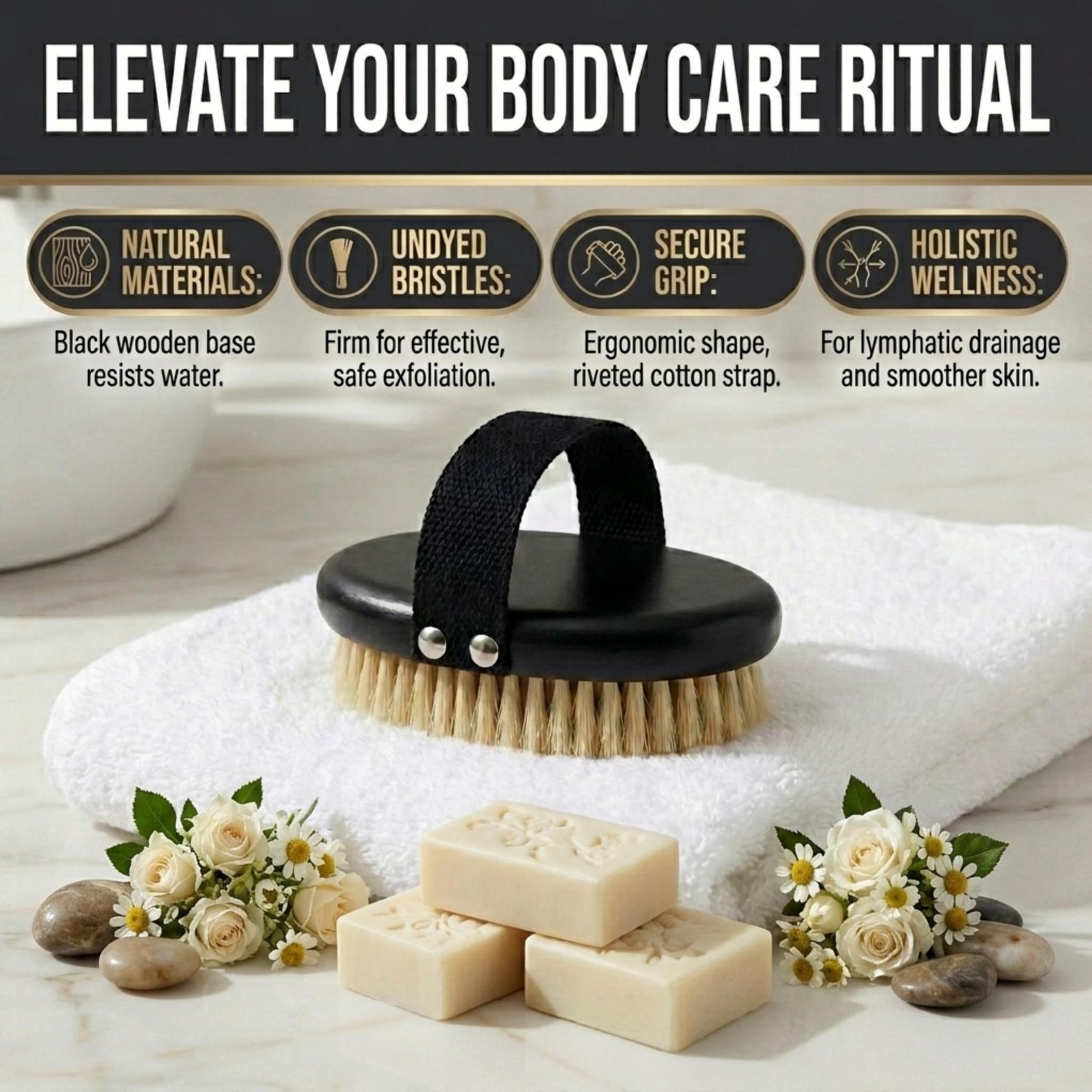 Serrento Dry Brush for Skin – Exfoliating Body Tool for Dry Brushing & Lymphatic Drainage, Natural, Firm Brush for Skin, with Anti-Slip Cotton Strap & Black Wooden Base, 2 in x 5 in