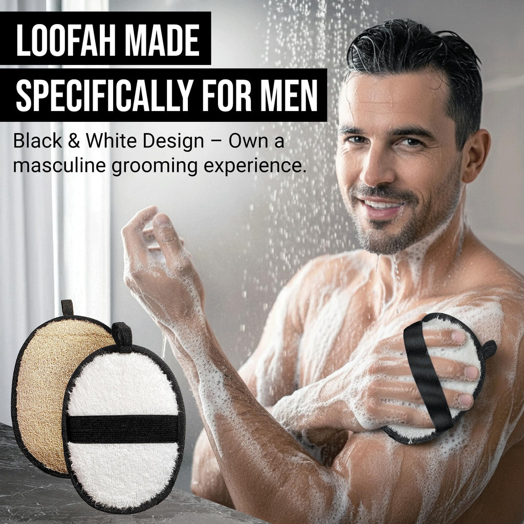 Natural Loofah Shower Body Scrubber for Men, Egyptian Luffa Sponge Exfoliating Loofah, Body Sponges for Shower, Mens Hygiene Essentials, Bath Loofahs Body Scrubber Shower Tool - 2PCS Black & White Set
