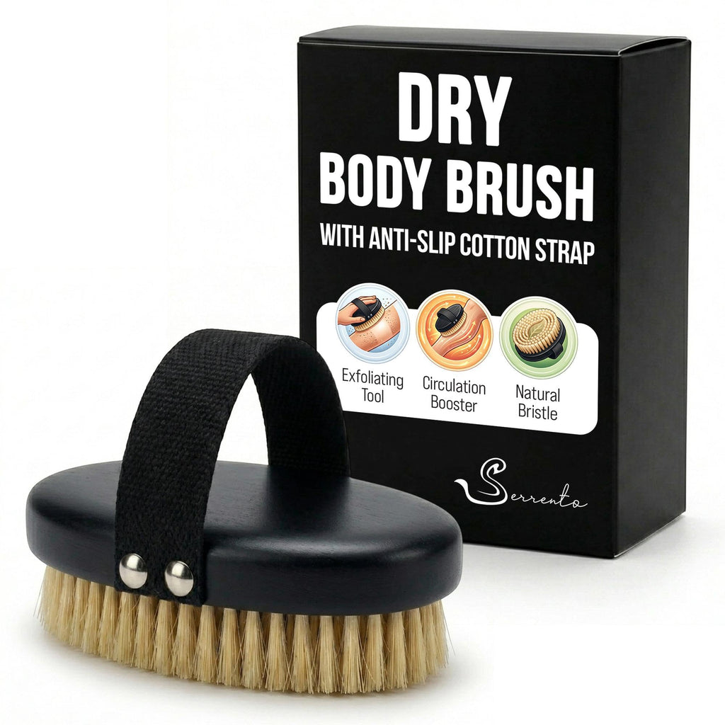 Serrento Dry Brush for Skin – Exfoliating Body Tool for Dry Brushing & Lymphatic Drainage, Natural, Firm Brush for Skin, with Anti-Slip Cotton Strap & Black Wooden Base, 2 in x 5 in