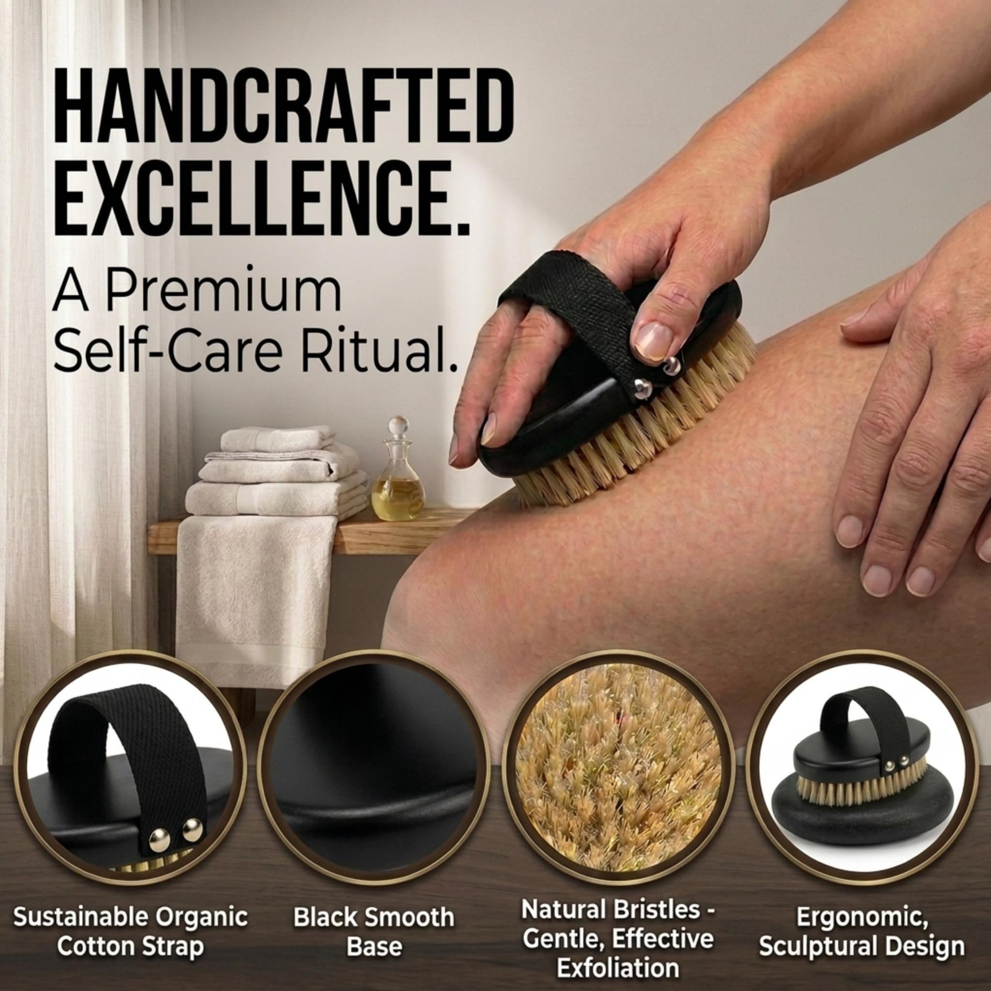 Serrento Dry Brush for Skin – Exfoliating Body Tool for Dry Brushing & Lymphatic Drainage, Natural, Firm Brush for Skin, with Anti-Slip Cotton Strap & Black Wooden Base, 2 in x 5 in