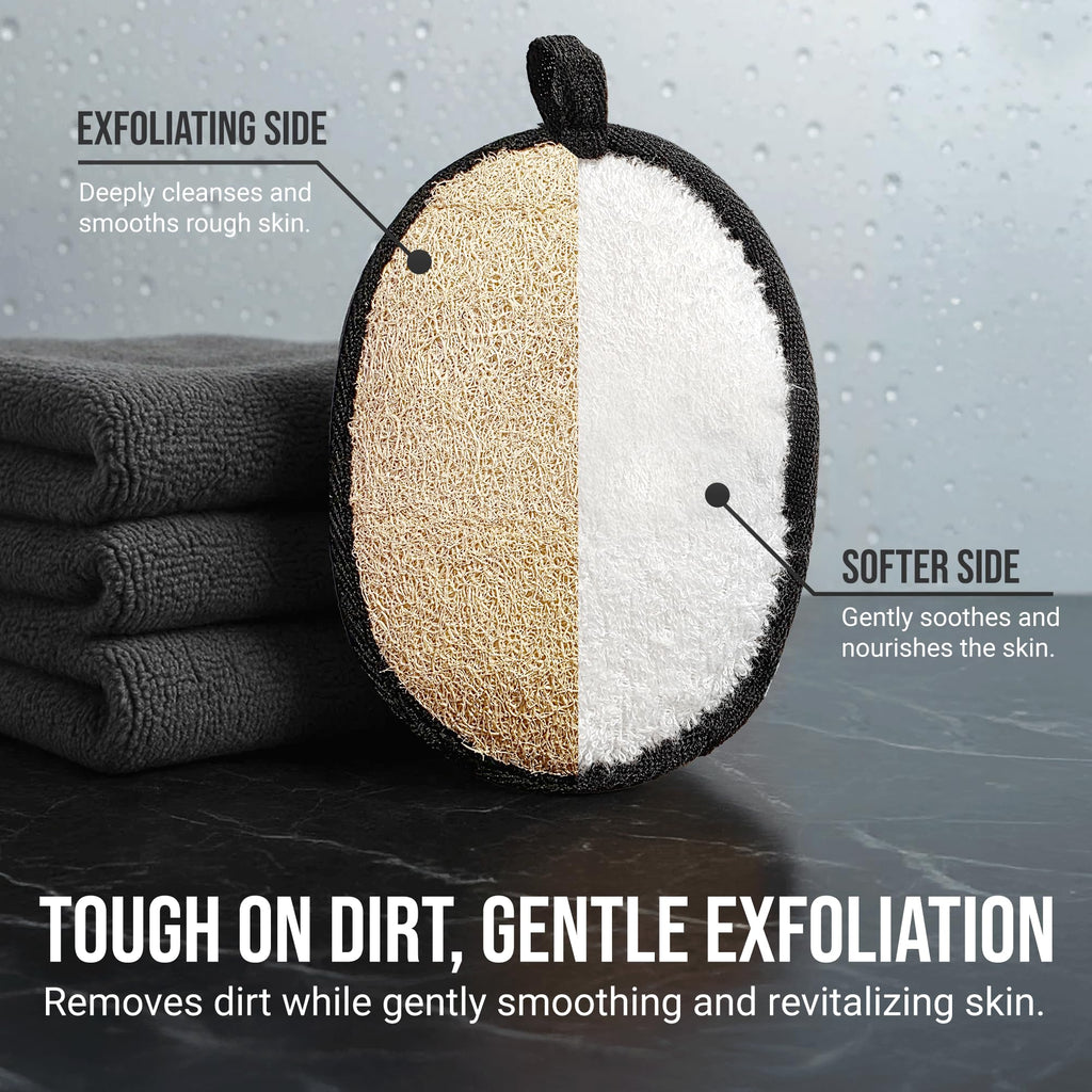 Natural Loofah Shower Body Scrubber for Men, Egyptian Luffa Sponge Exfoliating Loofah, Body Sponges for Shower, Mens Hygiene Essentials, Bath Loofahs Body Scrubber Shower Tool - 2PCS Black & White Set